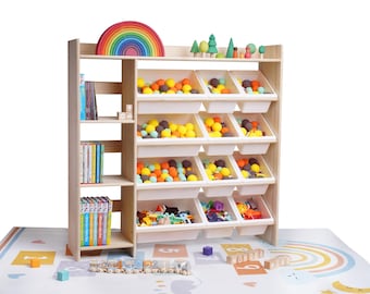 100% Solid Wood Toy Storage B115 x H115 x D30 + 12 Alabaster White Storage Bins & Bookcase - Children's Toy Storage + Book Shelf - Uncoated