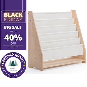 XL 100% Madera Maciza + Lona de Algodón *Estantería Infantil W90 x H85 x D35 - Estantería Montessori Sin Recubrimiento - Almacenamiento