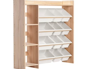 100% Solid Wood Toy Storage W115 x H115 x D30 + 12 Alabaster White Storage Bins & Bookcase - Children's Toy Storage + Book Shelf - Uncoated