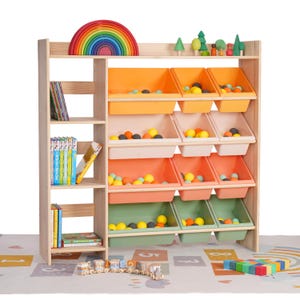 100% Solid Wood Montessori Kids Bookshelf & Toy Storage + 12 Four Seasons Pastel Storage Bins | 2-in-1 Children's Room Organizer - Uncoated image 12