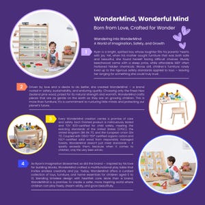 May include: The image showcases WonderMind children's furniture and toys. It features a play table, storage shelves, and a child playing with blocks. The text highlights the brand's commitment to safety, sustainability, and quality, using New Zealand pine wood and OEKO-TEX certified organic cotton.