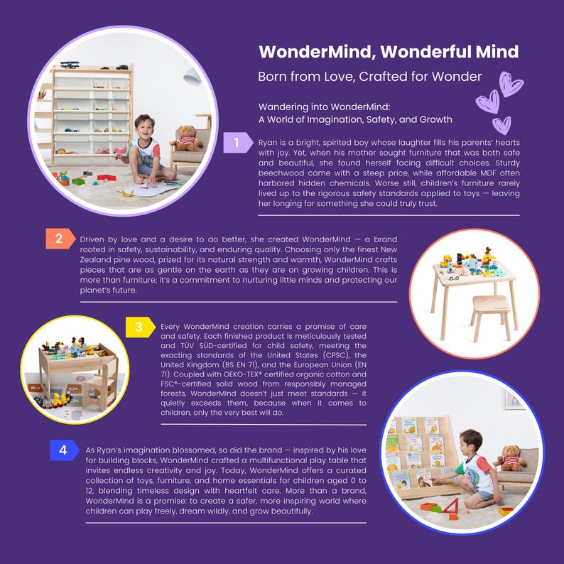 May include: The image showcases WonderMind children's furniture and toys. It features a play table, storage shelves, and a child playing with blocks. The text highlights the brand's commitment to safety, sustainability, and quality, using New Zealand pine wood and OEKO-TEX certified organic cotton.