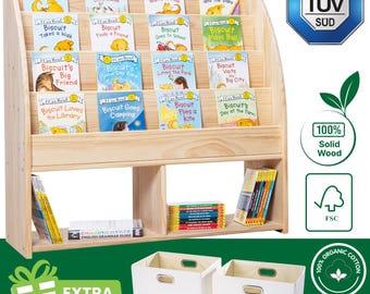 100% Solid Wood Children's Bookshelf W90 x H95 x D35 cm - Shelf for children's books and toys - Montessori Bookcase - Toy Organizer