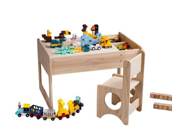 Solid Wooden Construction Table Set Compatible with LEGO & DUPLO + Triple Bonus - Kids Table + Chair - Building Table - Play Table