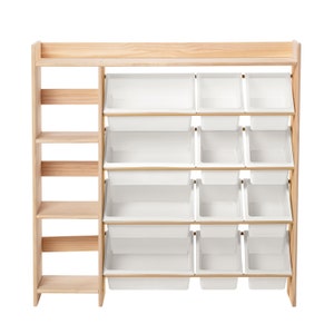 May include: A wooden storage unit with multiple white bins and shelves. The unit has a natural wood finish and is designed for organizing items. The bins are various sizes and are arranged in rows. The unit also has a side with shelves.