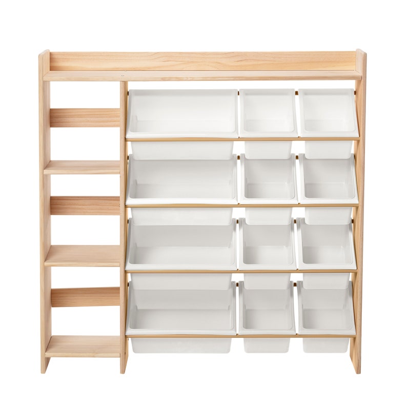 May include: A wooden storage unit with multiple white bins and shelves. The unit has a natural wood finish and is designed for organizing items. The bins are various sizes and are arranged in rows. The unit also has a side with shelves.