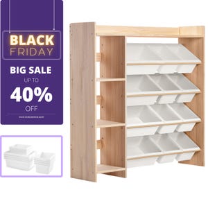 Rangement pour jouets 100 % bois massif L115 x H115 x P30 + 12 bacs de rangement et bibliothèque blanc albâtre - Rangement pour jouets pour enfants + étagère à livres - Non revêtu