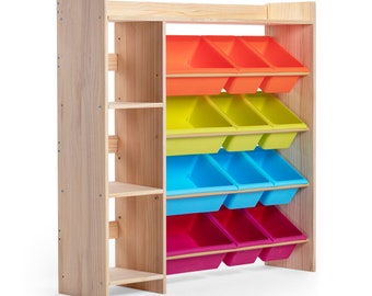 Rangement pour jouets 100 % bois massif L115 x H115 x P30 + 12 bacs de rangement et bibliothèque – Rangement pour jouets pour enfants avec étagère à livres – Coffre à jouets en bois non revêtu