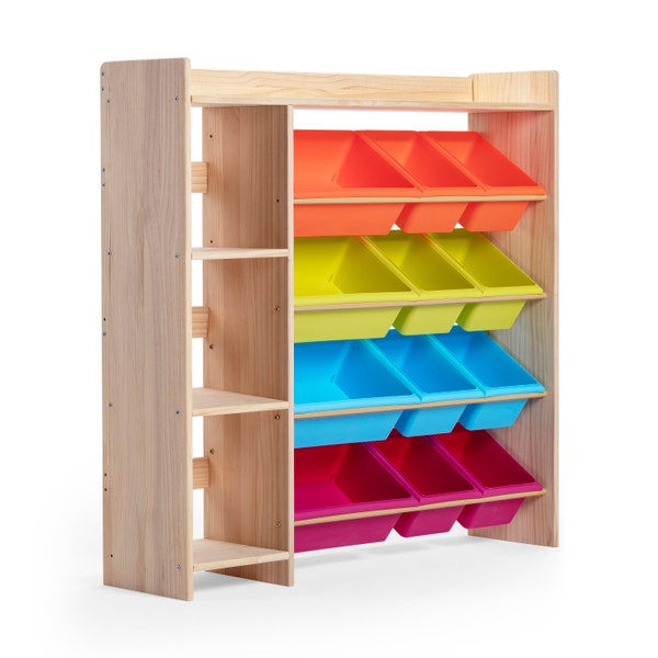 100% Solid Wood Toy Storage W115 x H115 x D30 + 12 Storage Bins & Bookcase - Children's Toy Storage with Book Shelf - Wood Toy Box Uncoated