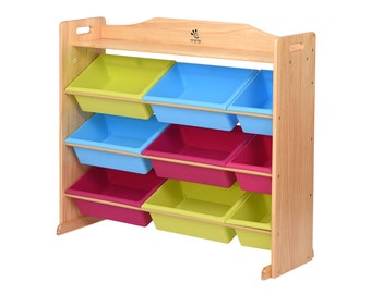 Spielzeugaufbewahrung aus 100 % Massivholz (B x H x T): 100 x 82 x 30 cm, mit 9 Lagerkästen und Bücherregal – Aufbewahrungseinheiten für Kinderspielzeug mit Bücherregal – Spielzeugkiste aus Holz