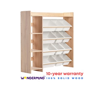 May include: A wooden storage unit with multiple white bins and open shelves. The unit is made of light-colored wood and has a natural finish. The text "10-year warranty 100% solid wood" is visible.