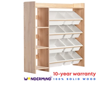Almacenamiento de juguetes 100% de madera maciza W115 x H115 x D30 + 12 contenedores de almacenamiento y estantería de color blanco alabastro - Almacenamiento de juguetes para niños + estante para libros - Sin revestimiento