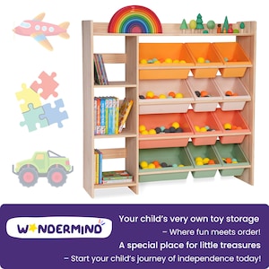 100% Solid Wood Montessori Kids Bookshelf & Toy Storage + 12 Four Seasons Pastel Storage Bins | 2-in-1 Children's Room Organizer - Uncoated image 2