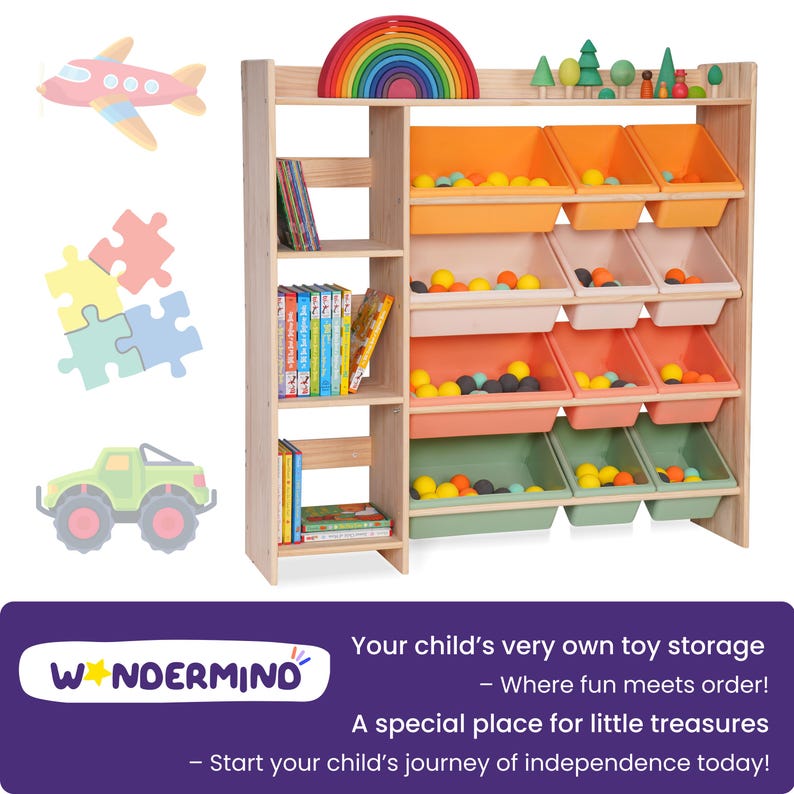 100% Solid Wood Montessori Kids Bookshelf & Toy Storage + 12 Four Seasons Pastel Storage Bins | 2-in-1 Children's Room Organizer - Uncoated image 2