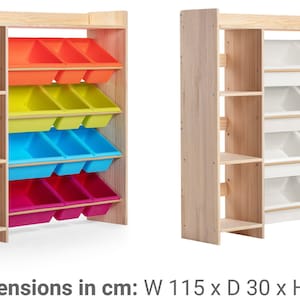 May include: Wooden storage unit with colorful bins. The unit has a natural wood frame and includes shelves. The bins are in rainbow colors. Dimensions: W 45.3 in x D 11.8 in x H 45.3 in.