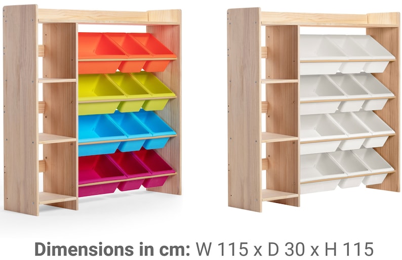May include: Wooden storage unit with colorful bins. The unit has a natural wood frame and includes shelves. The bins are in rainbow colors. Dimensions: W 45.3 in x D 11.8 in x H 45.3 in.
