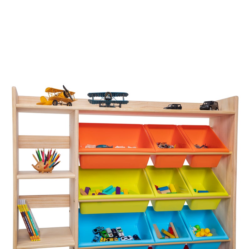 Spielzeugaufbewahrung aus 100 % Massivholz B x H x T: 115 x 115 x 30 cm 12 weiße Alabaster-Aufbewahrungsbehälter und Bücherregal Aufbewahrung von Kinderspielzeug Bücherregal unbeschichtet Bild 4