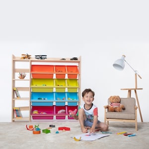 Spielzeugaufbewahrung aus 100 % Massivholz B x H x T: 115 x 115 x 30 cm 12 weiße Alabaster-Aufbewahrungsbehälter und Bücherregal Aufbewahrung von Kinderspielzeug Bücherregal unbeschichtet Bild 3