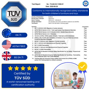 May include: A test report from T&Uuml;V S&Uuml;D, confirming compliance with international safety standards for children's furniture and toys. The report includes test results for various standards, including ASTM F963 and EN 71.