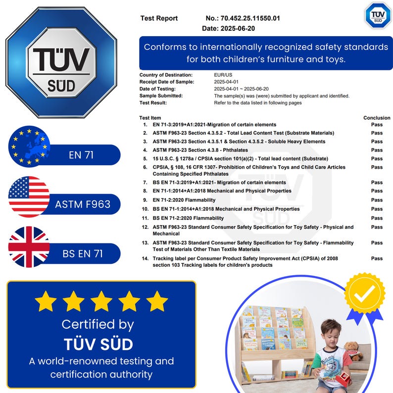 May include: A test report from T&Uuml;V S&Uuml;D, confirming compliance with international safety standards for children's furniture and toys. The report includes test results for various standards, including ASTM F963 and EN 71.