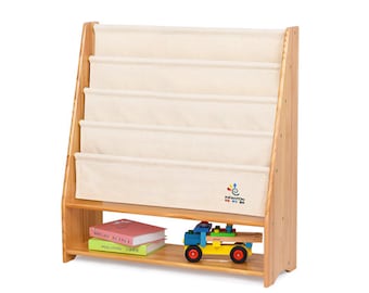 100 % Massivholz + Baumwoll-Canvas * Kinder-Bücherregal B95 x T35 x H95 – Bücherregal für Kinder – unbeschichtetes Montessori-Bücherregal – Organizer