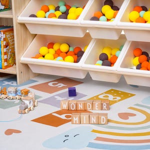May include: A wooden toy storage unit with white bins filled with colorful balls. A wooden train and blocks spelling "WONDER MIND" sit on a colorful play mat with a rainbow design. Bookshelves are visible.