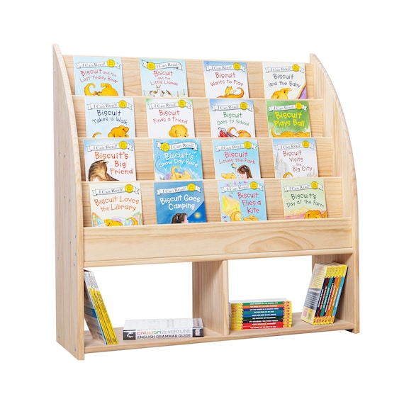 100% Massivholz Kinderbuchregal B90 x H95 x T35 cm - Regal für Kinderbücher und Spielzeug - Montessori Bücherregal - Spielzeug Organizer