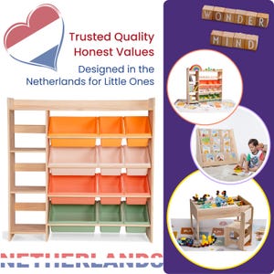 100% Solid Wood Montessori Kids Bookshelf & Toy Storage + 12 Four Seasons Pastel Storage Bins | 2-in-1 Children's Room Organizer - Uncoated image 6