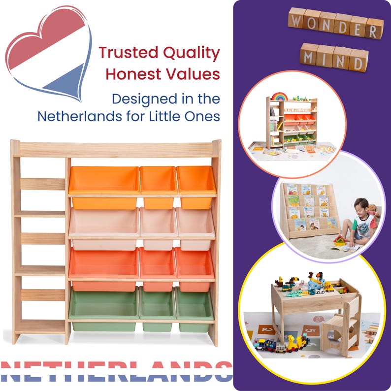 100% Solid Wood Montessori Kids Bookshelf & Toy Storage + 12 Four Seasons Pastel Storage Bins | 2-in-1 Children's Room Organizer - Uncoated image 6