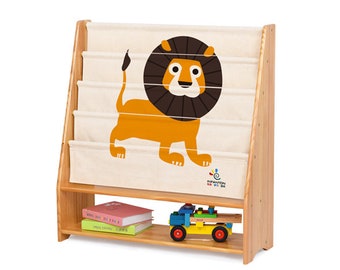 100 % Massivholz + Baumwoll-Canvas * Kinder-Bücherregal B95 x T35 x H95 – Bücherregal für Kinder – unbeschichtetes Montessori-Bücherregal – Organizer