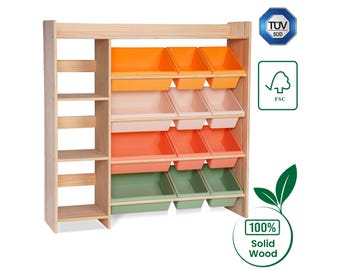 100% Solid Wood Montessori Kids Bookshelf & Toy Storage + 12 Four Seasons Pastel Storage Bins | 2-in-1 Children’s Room Organizer - Uncoated