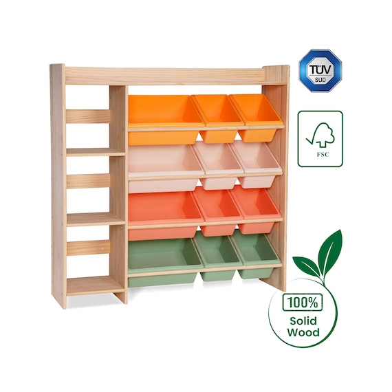 100% Solid Wood Montessori Kids Bookshelf & Toy Storage + 12 Four Seasons Pastel Storage Bins | 2-in-1 Children’s Room Organizer - Uncoated