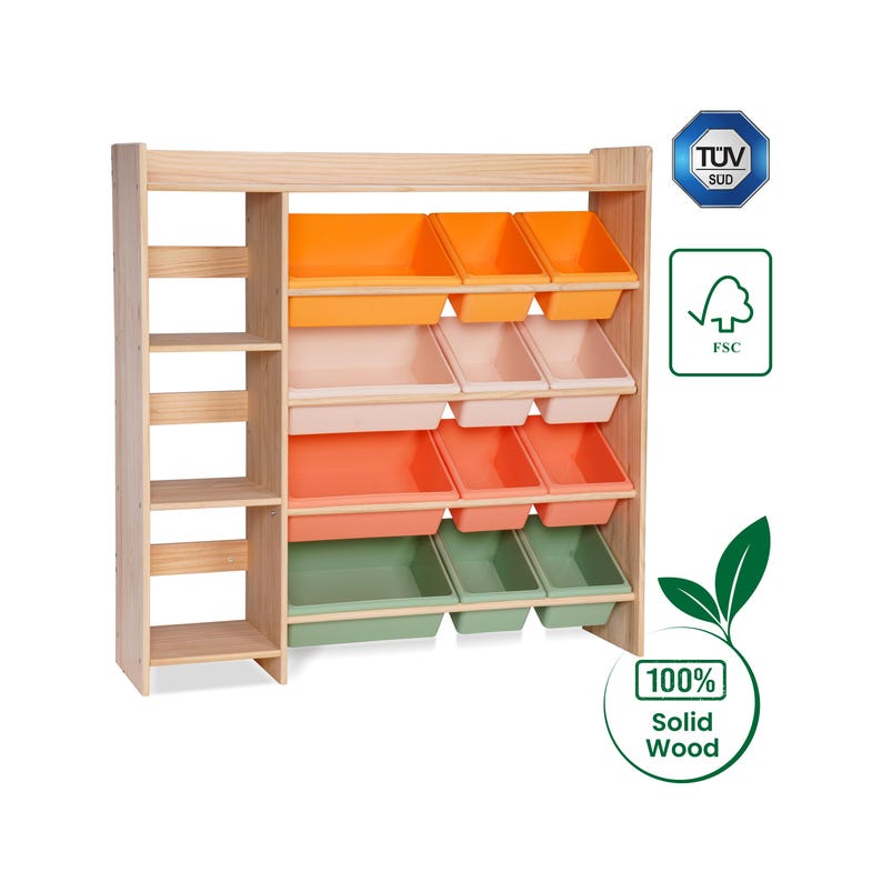 100% Solid Wood Montessori Kids Bookshelf & Toy Storage + 12 Four Seasons Pastel Storage Bins | 2-in-1 Children's Room Organizer - Uncoated image 1