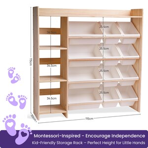 100% Solid Wood Montessori Kids Bookshelf & Toy Storage + 12 Four Seasons Pastel Storage Bins | 2-in-1 Children's Room Organizer - Uncoated image 4