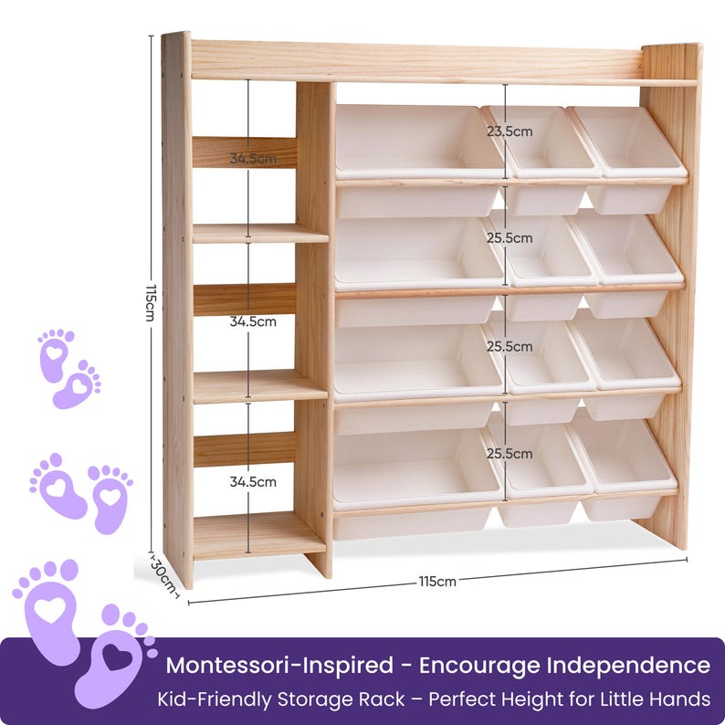 100% Solid Wood Montessori Kids Bookshelf & Toy Storage + 12 Four Seasons Pastel Storage Bins | 2-in-1 Children's Room Organizer - Uncoated image 4
