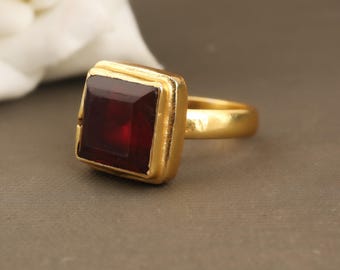Handmade Brass Gold Garnet Ring, Square Gemstone Ring, January Birthstone Ring, Minimalist Statement Ring, Gift for Her