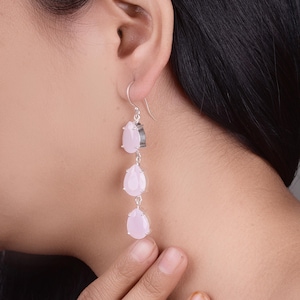 Triple Drop Rose Quartz Dangle Earrings in Silver | Janvi Jewelry
