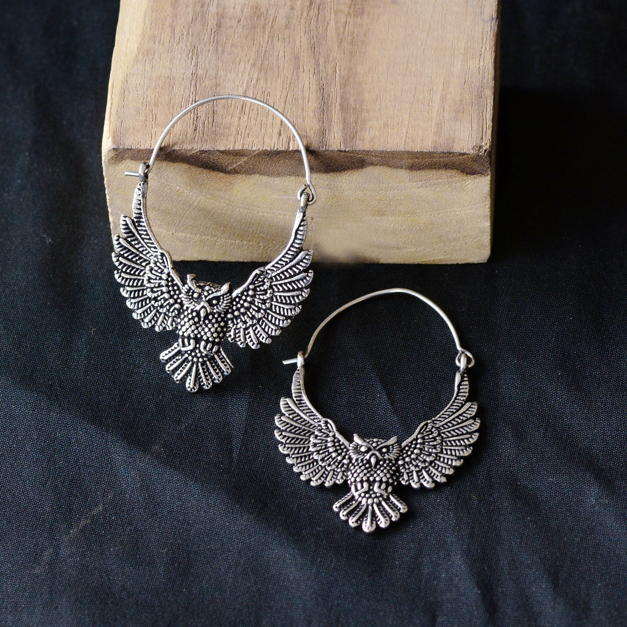Janvi Jewelry Oxidized Silver Owl Hoop Earrings &ndash; Tribal Boho Statement Jewelry for Women