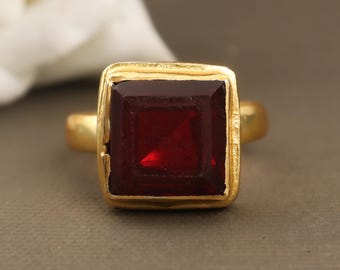 Handmade Square Garnet Ring: Gold Plated Brass Cocktail Jewelry