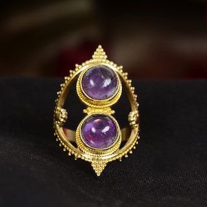 Amethyst Brass Statement Ring: Gold Gemstone Ring for Women