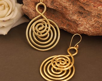 Gold Spiral Drop Earrings, Brass Wire Swirl Earrings, Handmade Statement Earrings, Minimalist Boho Jewelry, Lightweight Dangle Earrings,