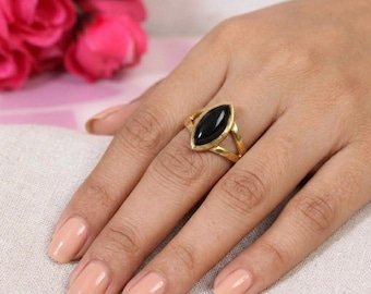 Handmade Black Onyx Gemstone Ring | Gold Plated Marquise Stone Ring | Minimal Boho Statement Ring | Gift for Her