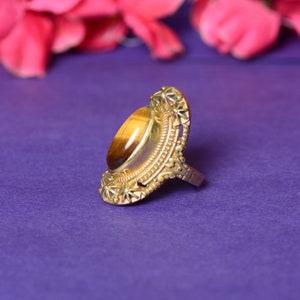 Tiger&#39;s Eye Gemstone Ring: Antique Brass, Ethnic Style