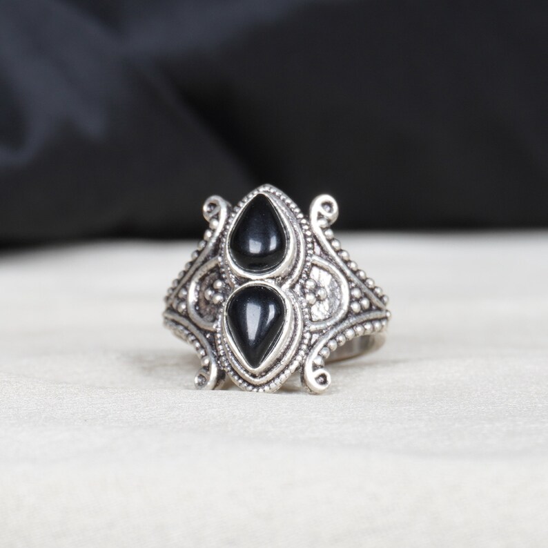 Bague En Argent Allemand Avec Onyx Noir - Style Tribal Kuchi Afghan - Taille 7 (17mm) - Bohème