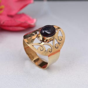 Handmade Blue Sunstone Ring: Teardrop Brass Ring