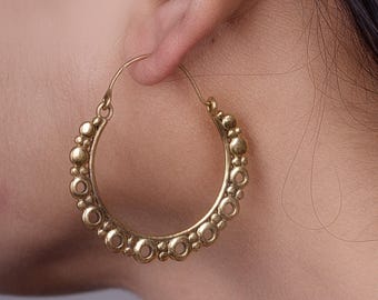Gold Beaded Hoop Earrings | Textured Boho Hoop Earrings | Minimal Ethnic Gold Hoops | Lightweight Everyday Jewelry for Women