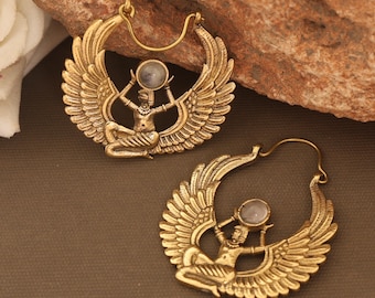 Egyptian Goddess Moonstone Hoop Earrings: Gold Winged Boho Jewelry