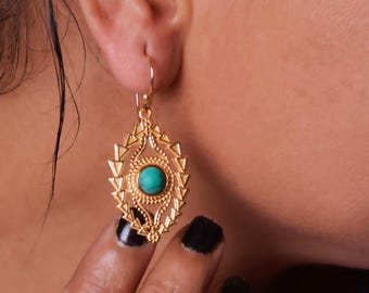 Bohemian Gold-Plated Drop Earrings with Green Turquoise Gemstone | Ethnic Tribal Design | Janvi Jewelry
