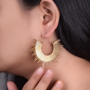 Gold Sun Rays Hoop Earrings: Bohemian Ethnic Brass Hoops