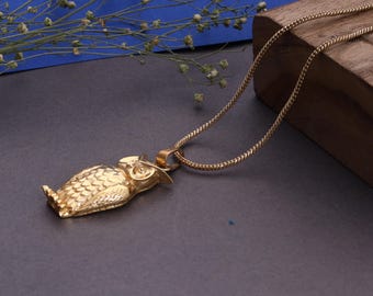 Naszyjnik z sową z mosiądzu, złoty wisiorek, naszyjnik z zawieszką w kształcie sowy dla kobiet, biżuteria w stylu vintage boho ze zwierzętami, ręcznie robiony prezent w kształcie ptaka